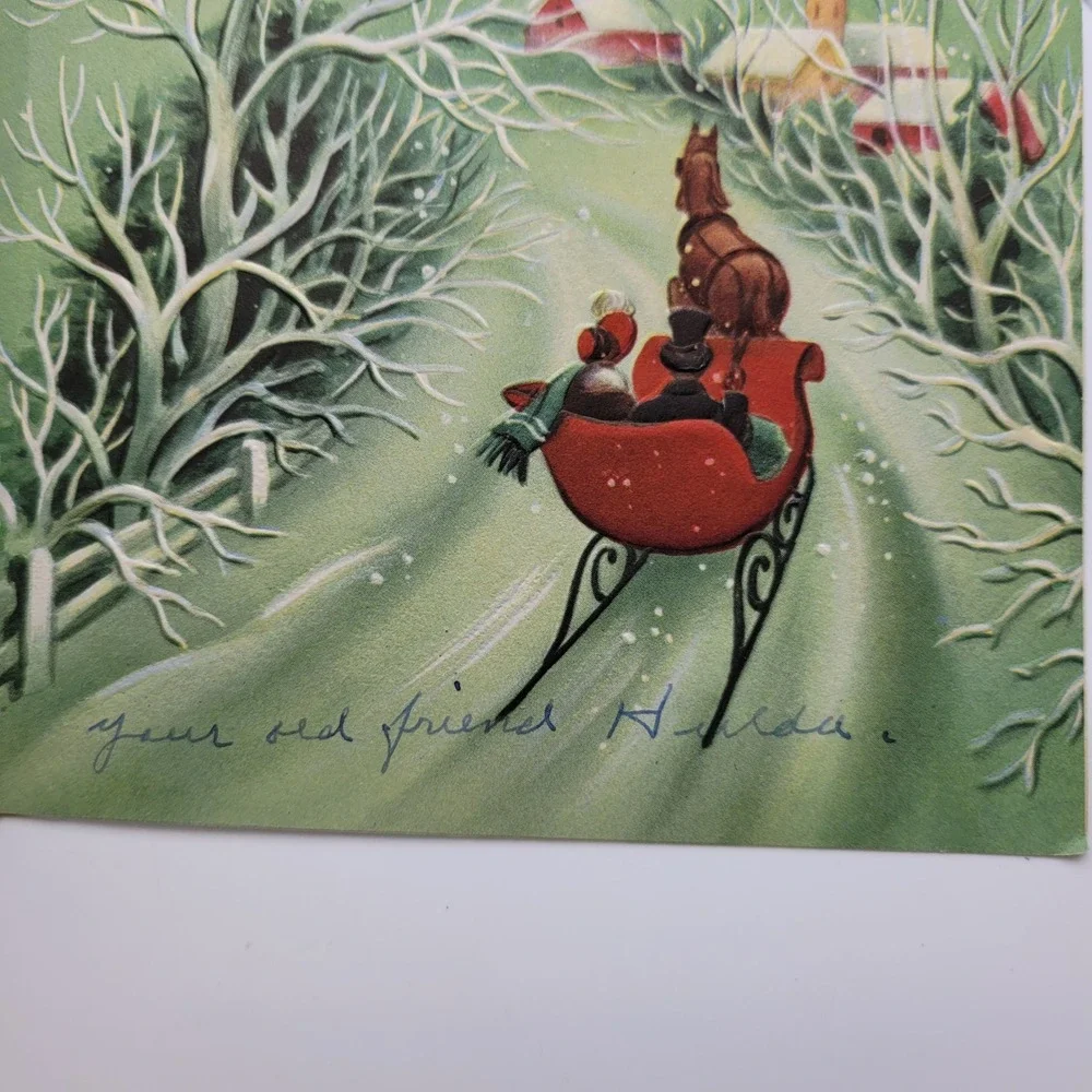 Vintage‎ Religious Christmas Card Horse Drawn Sleigh Scene Glitter Sunshine Line